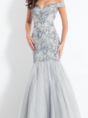 RACHEL ALLAN 6193 SZ 4 SILVER PLATINUM MERMAID FIT AND FLARE SEQUIN FORMAL GOWN